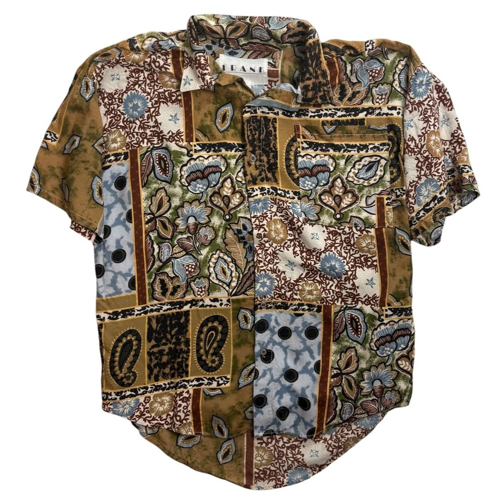 Vintage 80s 90s Hawaiian Shirt‎ Frank Medium Brown Tribal Floral Rayon USA Made
